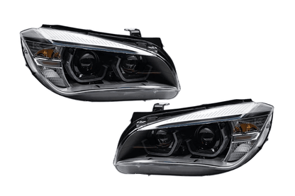 BMW E84 X1 headlights with modern angel eye design, HID Bi-Xenon bulbs, produced by K2 Industries, for 2010-2015 models.