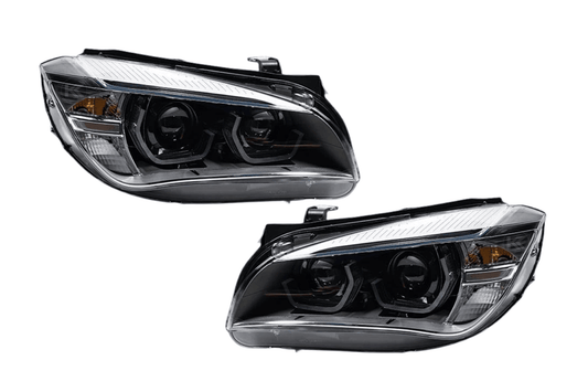 BMW E84 X1 headlights with modern angel eye design, HID Bi-Xenon bulbs, produced by K2 Industries, for 2010-2015 models.