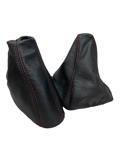 Red stitch leather shift boot and parking brake cover for BMW E90 2005-2013 by JTS Custom Upholstery.