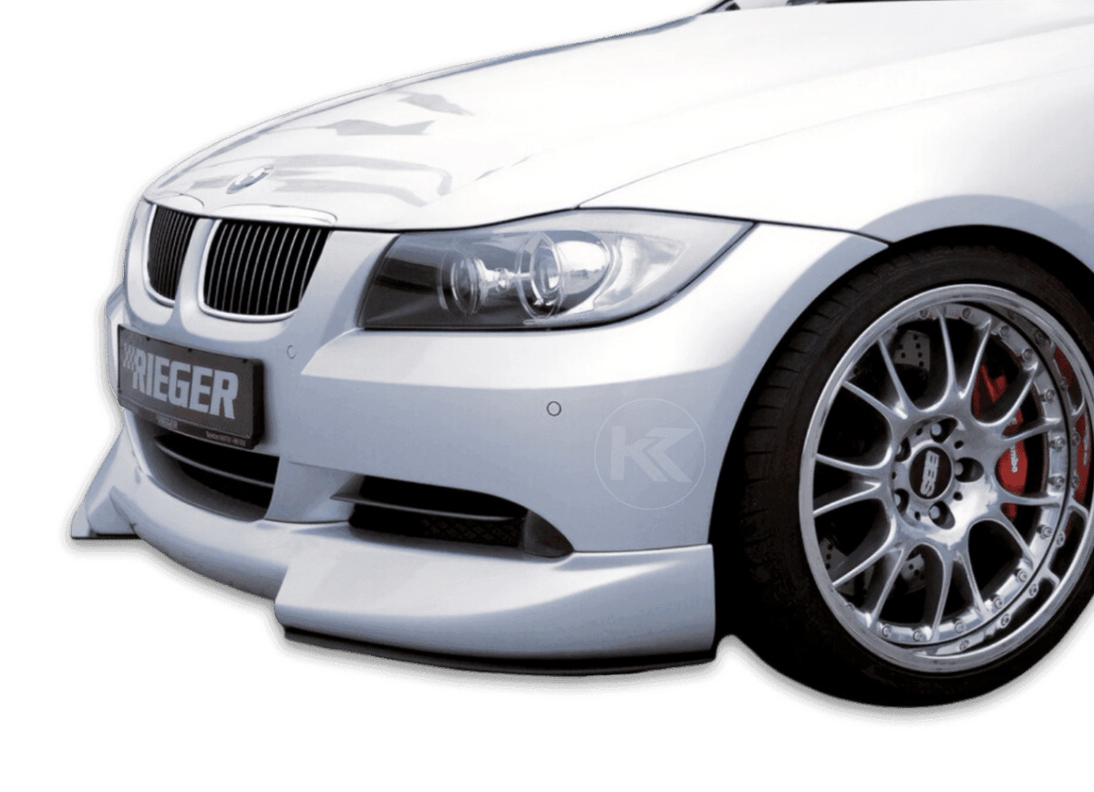 BMW E90/91 Rieger front lip by K2 Industries, close-up of the sleek, aerodynamic front lip for sporty car enhancement.