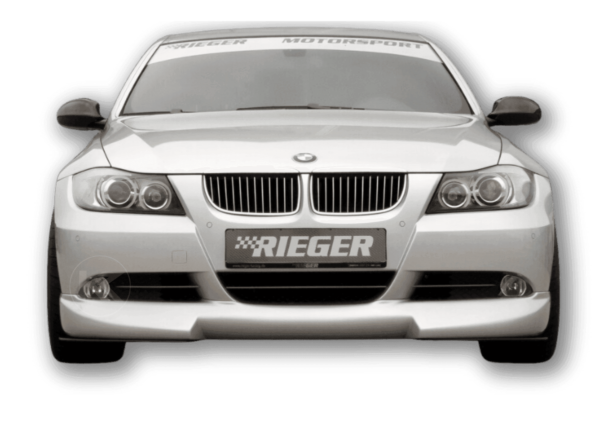 BMW E90/91 Rieger front lip by K2 Industries, aftermarket car accessory mounted on the front bumper for sporty look.