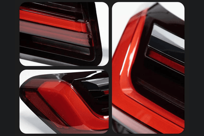 BMW F02 7 Series red LED tail lights by K2 Industries, luxury beam style, for models 2008-2015, showing sleek rear lighting design.