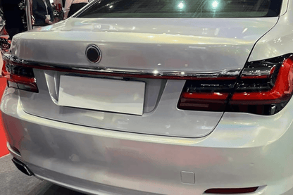 BMW F02 7 Series red LED tail lights by K2 Industries, luxury beam style, for 2008-2015 model, shown installed on vehicle.