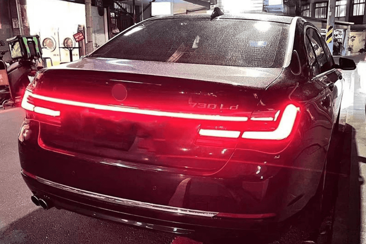 BMW F02 7 Series red LED luxury beam style tail lights by K2 Industries, showing sleek tail light design for 2008-2015 models.
