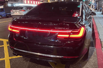 BMW F02 7 Series red LED luxury beam style tail lights by K2 Industries, showing the sleek tail light design for models 2008-2015.