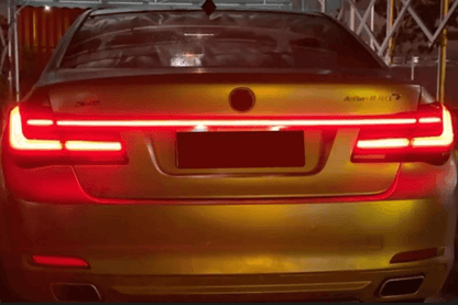 BMW F02 7 Series red LED tail lights by K2 Industries, featuring luxury beam style design for 2008-2015 models.