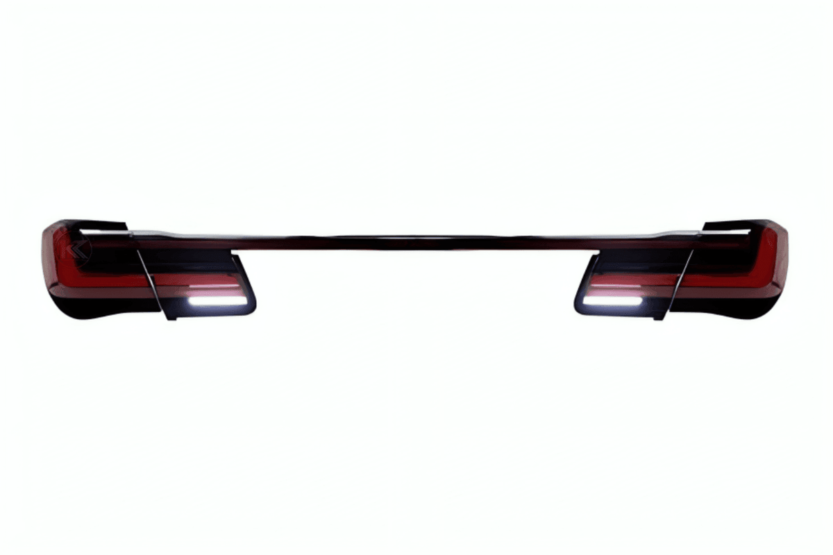 BMW F02 7 Series red LED tail lights by K2 Industries, luxury beam style, for models 2008-2015, showing close-up of tail light design.