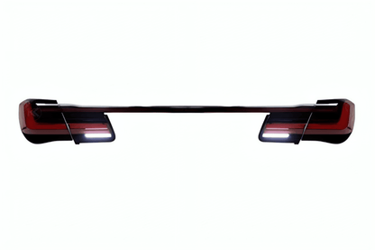 BMW F02 7 Series red LED tail lights by K2 Industries, luxury beam style, for models 2008-2015, showing close-up of tail light design.