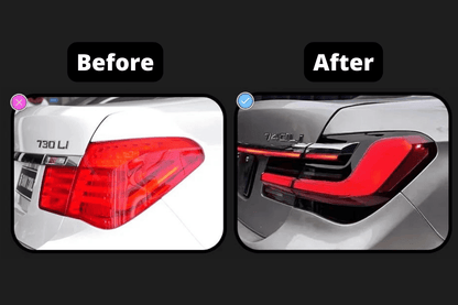 BMW F02 7 Series tail lights with red LED luxury beam style by K2 Industries, for 2008-2015 models, showing sleek rear lighting.