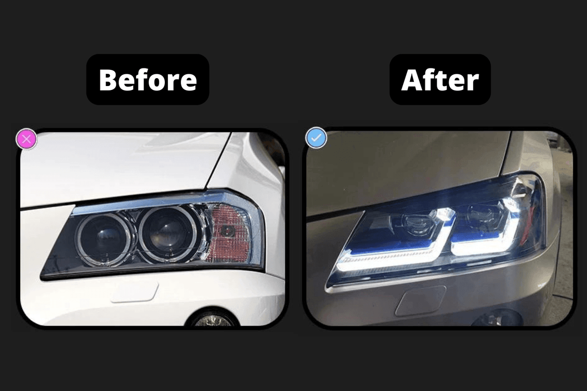 BMW F25 X3 modern style LED headlights by K2 Industries, showing sleek design and bright LED illumination for 2010-2013 models.