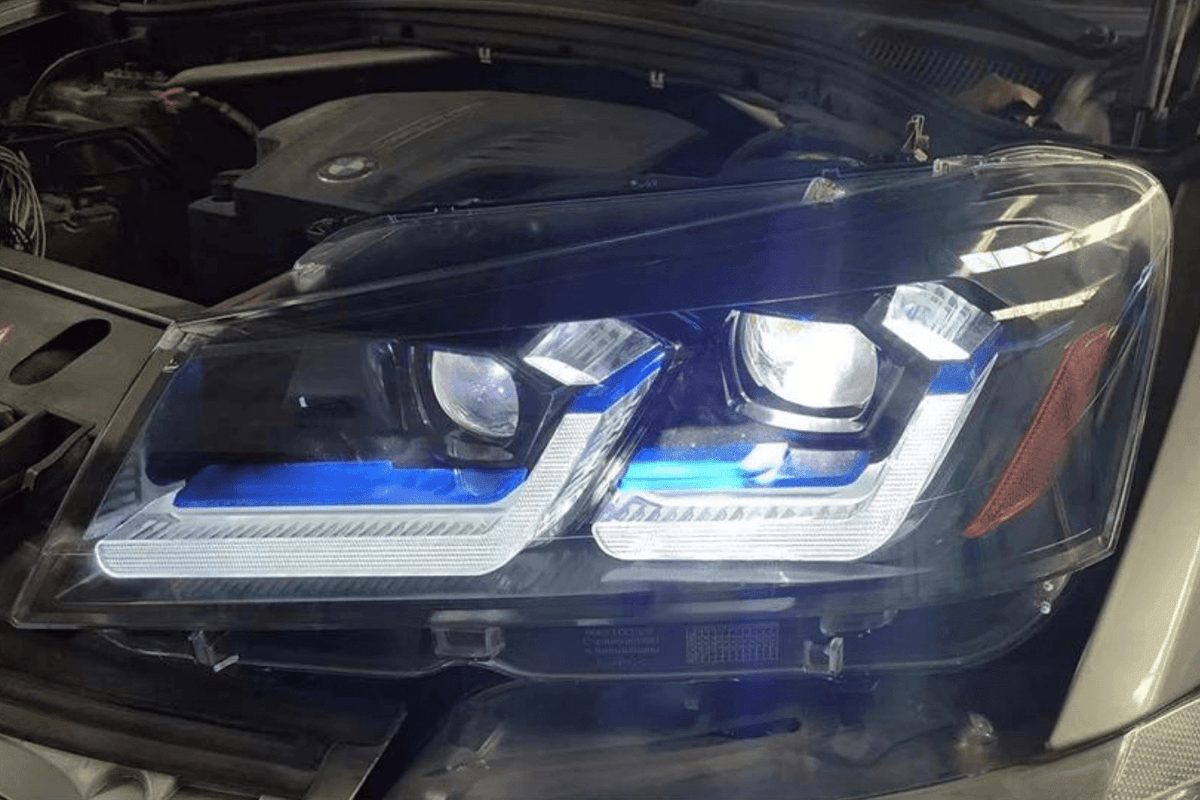 BMW F25 X3 LED headlights by K2 Industries, modern style, for pre-LCI models 2010-2013, featuring sleek design and bright illumination.