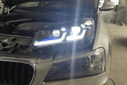 BMW F25 X3 2010-2013 Modern Style LED Headlights by K2 Industries, showcasing sleek design and bright LED lighting.