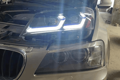 BMW F25 X3 LED headlights by K2 Industries, modern style, for pre-LCI models 2010-2013, showing sleek headlight design.