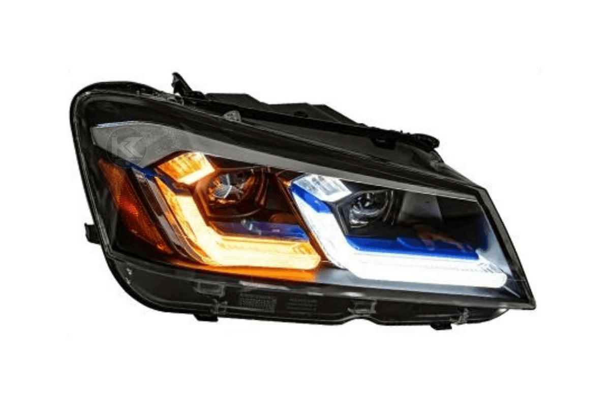BMW F25 X3 modern style LED headlights by K2 Industries, front view showing sleek design and LED light strips for 2010-2013 models.