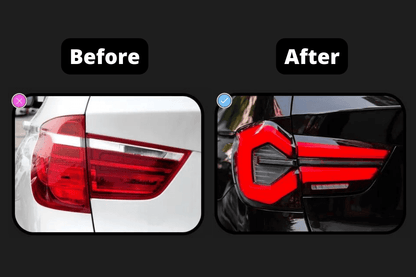 BMW F25 X3 LED tail lights by K2 Industries, next-gen LCI style, mounted on the rear of the 2010-2017 SUV.