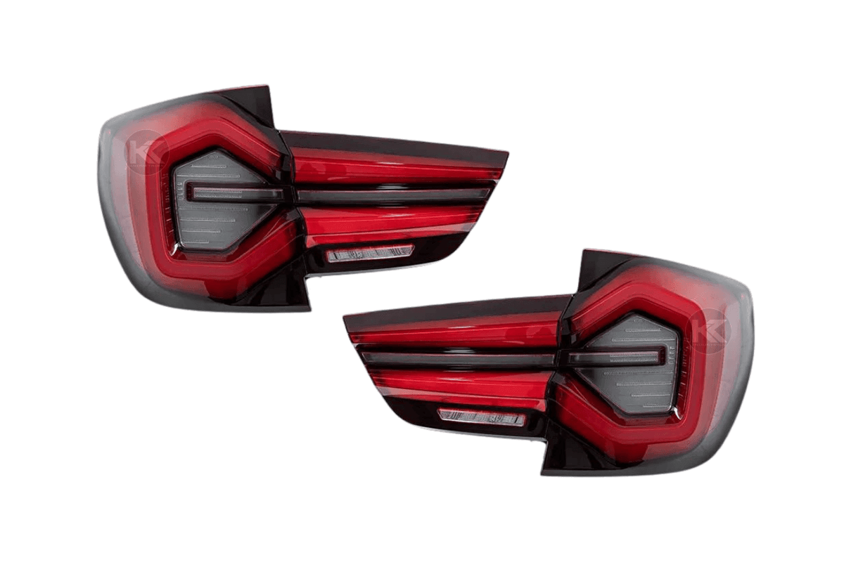 BMW F25 X3 LED Tail Lights by K2 Industries, next-gen LCI style, for 2010-2017 models, shown with illuminated red and clear lenses.
