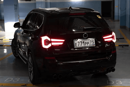 BMW F25 X3 LED tail lights by K2 Industries, next gen LCI style, showing sleek design and bright illumination for 2010-2017 models.