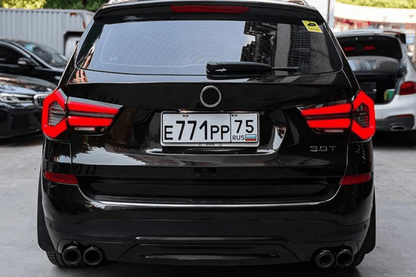 BMW F25 X3 LED tail lights by K2 Industries, next-gen LCI style, showing sleek red and clear lens design on a 2010-2017 model.