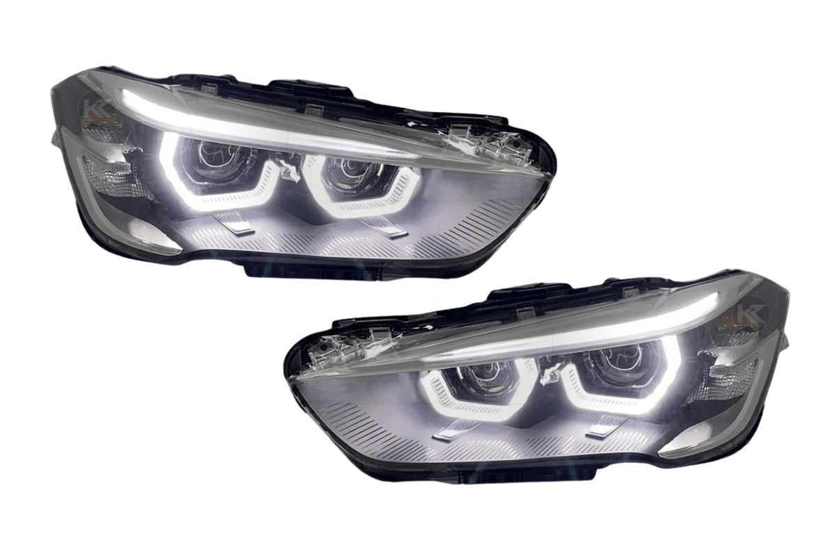BMW F48 X1 headlights upgrade by K2 Industries, modern style design, for models 2016-2020, featuring sleek daytime running lights.