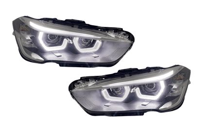 BMW F48 X1 headlights upgrade by K2 Industries, modern style design, for models 2016-2020, featuring sleek daytime running lights.