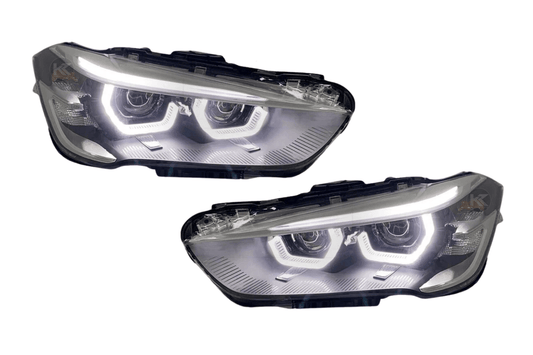 BMW F48 X1 headlights upgrade by K2 Industries, modern style design, for models 2016-2020, featuring sleek daytime running lights.