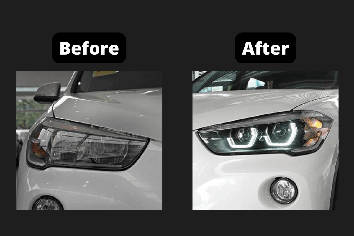BMW F48 X1 modern style headlights upgrade by K2 Industries, showing sleek design and advanced lighting features for 2016-2020 models.