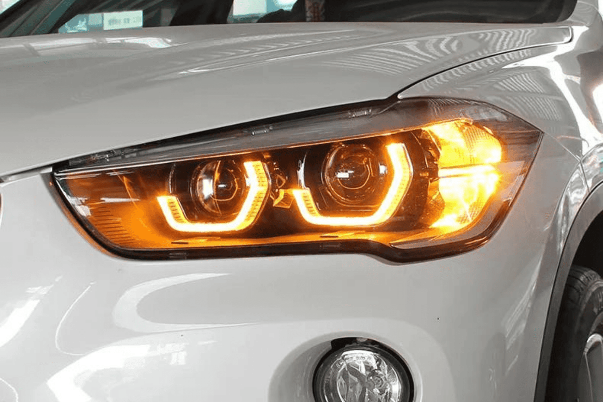 BMW F48 X1 modern style headlights upgrade by K2 Industries, showing sleek daytime running lights and updated headlight design.