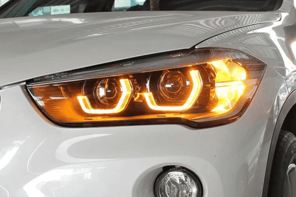 BMW F48 X1 modern style headlights upgrade by K2 Industries, showing sleek daytime running lights and updated headlight design.