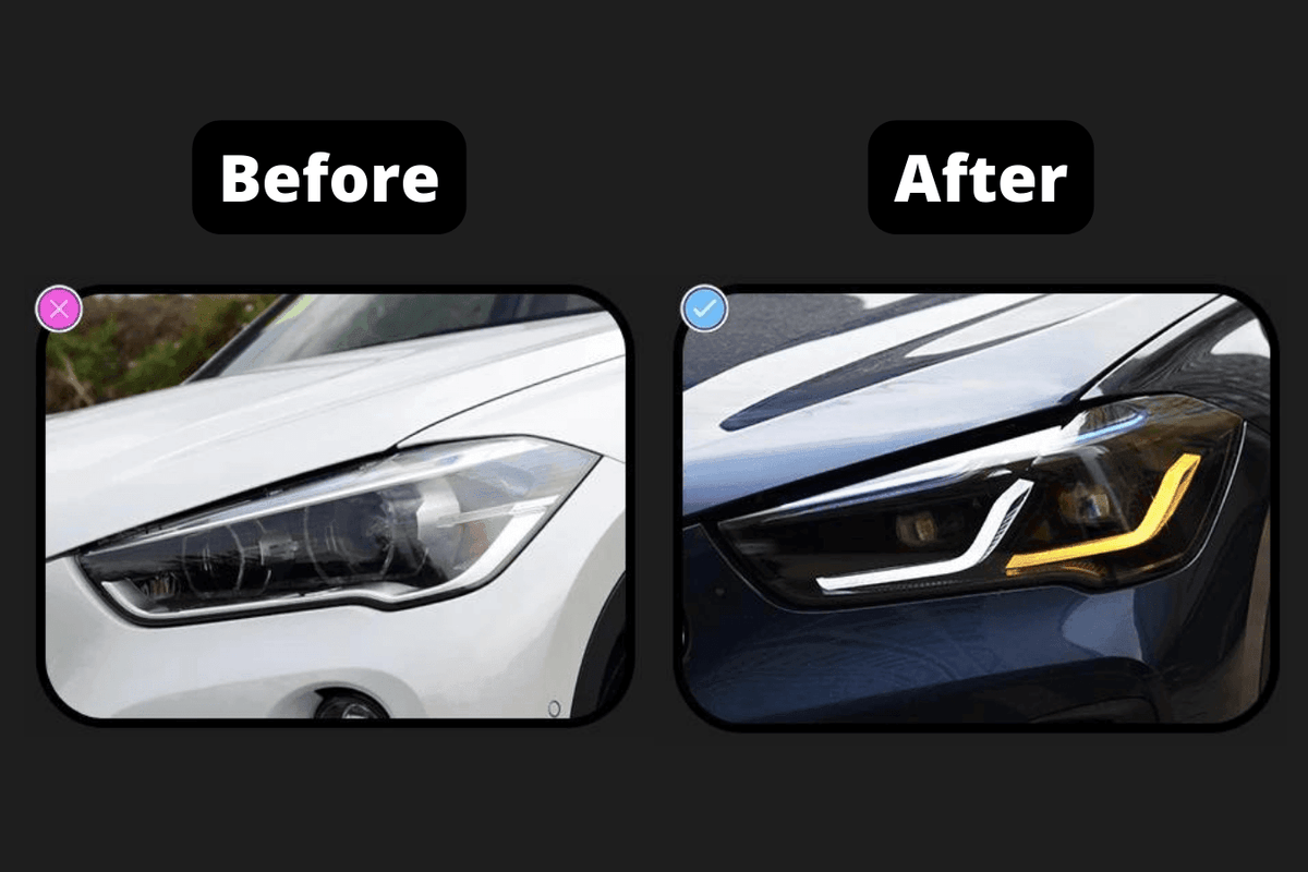 BMW F48 X1 modernized headlights upgrade by K2 Industries, showing sleek headlight design for 2016-2020 models.