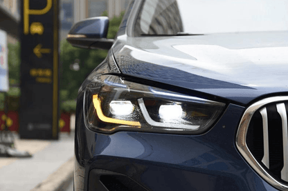 BMW F48 X1 modernized headlight upgrade by K2 Industries, showcasing sleek daytime running lights and advanced headlight design.