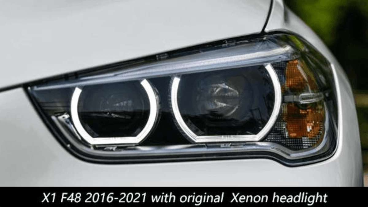 BMW F48 X1 modernized headlight upgrade by K2 Industries, 2016-2020, showing sleek headlight assembly with LED accents