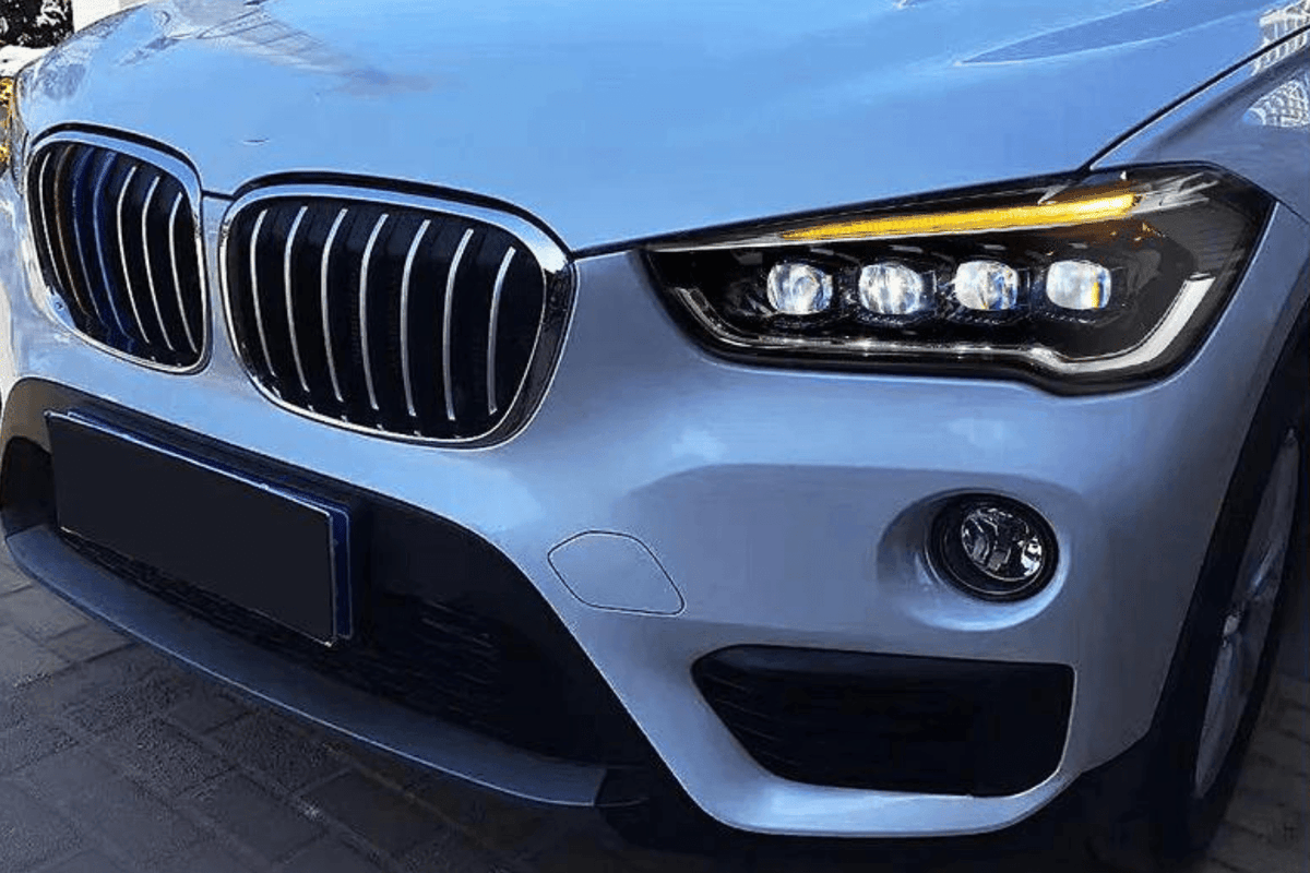 K2 Industries BMW F48 X1 multi-beam LED headlights upgrade for 2016-2020, showing sleek headlight assembly with LED lighting elements.