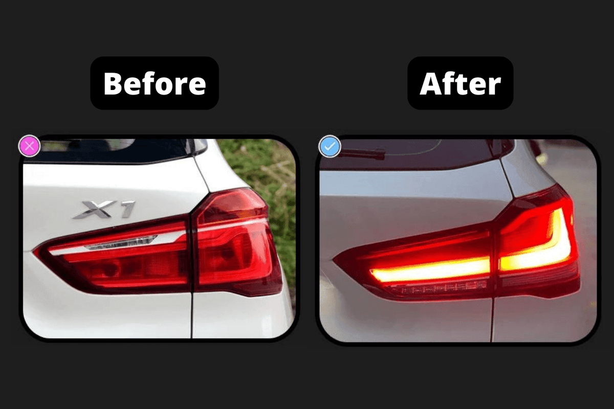 BMW F48 X1 tail light update by K2 Industries, red and smoked variants, for models 2016 to 2022.