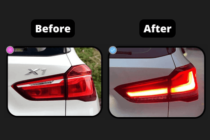 BMW F48 X1 tail light update by K2 Industries, red and smoked variants, for models 2016 to 2022.