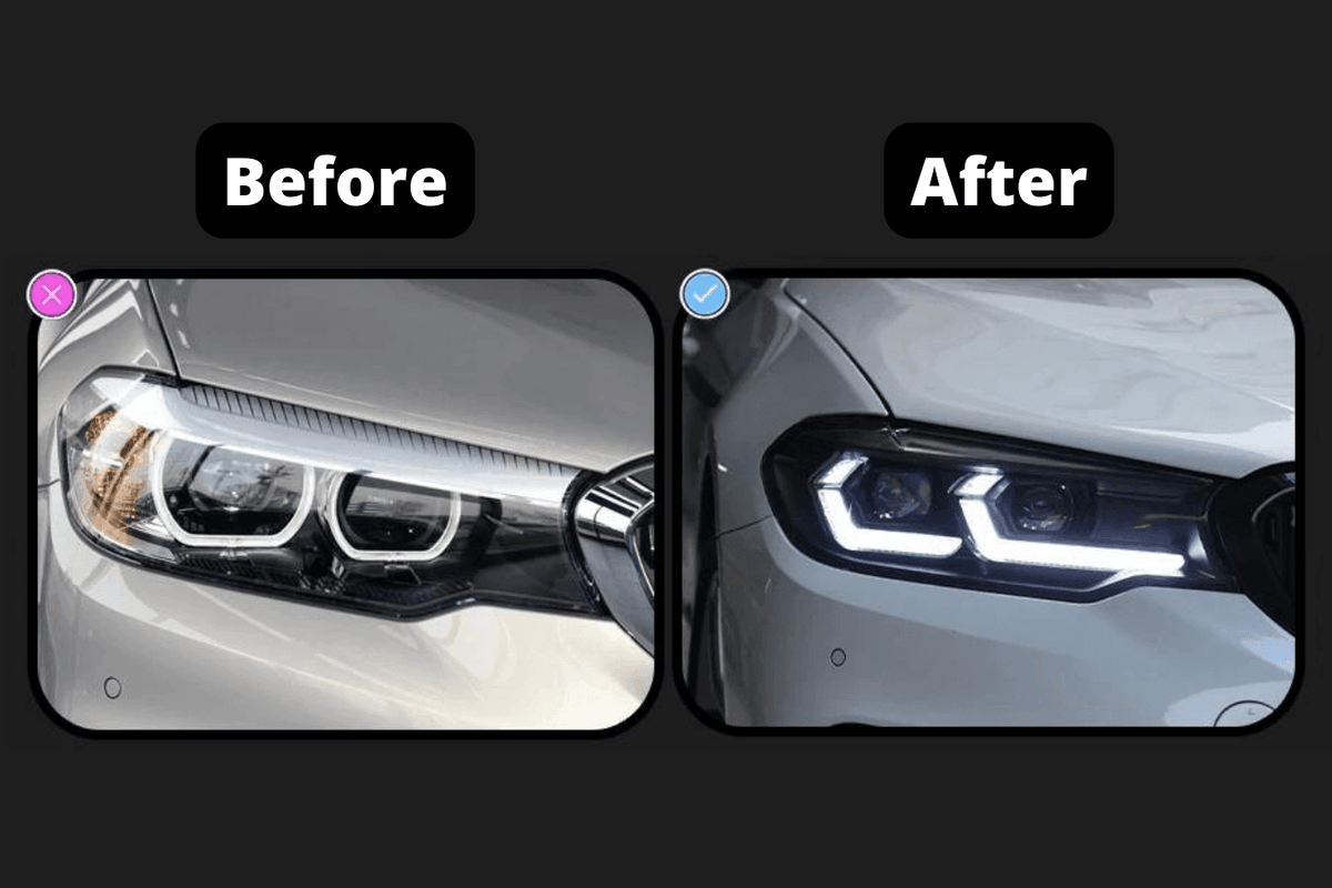 BMW G30 5 Series modernized LED headlights upgrade by K2 Industries, showcasing sleek, bright illumination for 2017-2023 models.