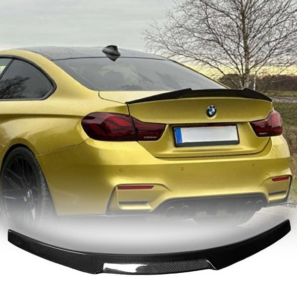 BMW F82 M4 V Style trunk spoiler in carbon fiber, designed for sleek aerodynamic enhancement by Palenon Performance.