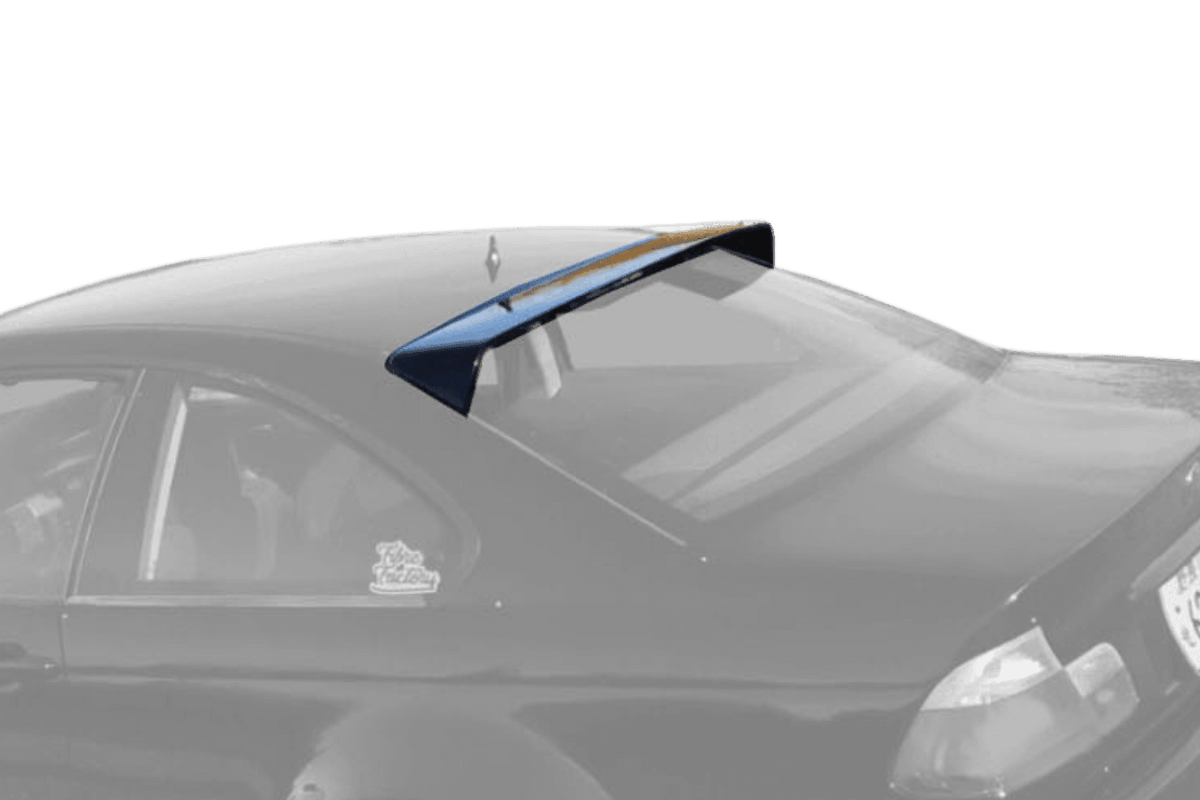 BMW Series 3 E46 HM Coupe roof wing by K2 Industries, rear view showing the aerodynamic spoiler on the car's roof.