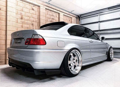 BMW Series 3 E46 HM Coupe roof wing by K2 Industries, showing the aerodynamic aerodynamic spoiler on the vehicle's roof.