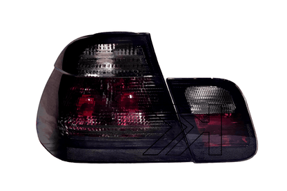 Black lens tail lights for BMW Series 3 E46 sedan, 1998-2001, by K2 Industries, showing front and side view.
