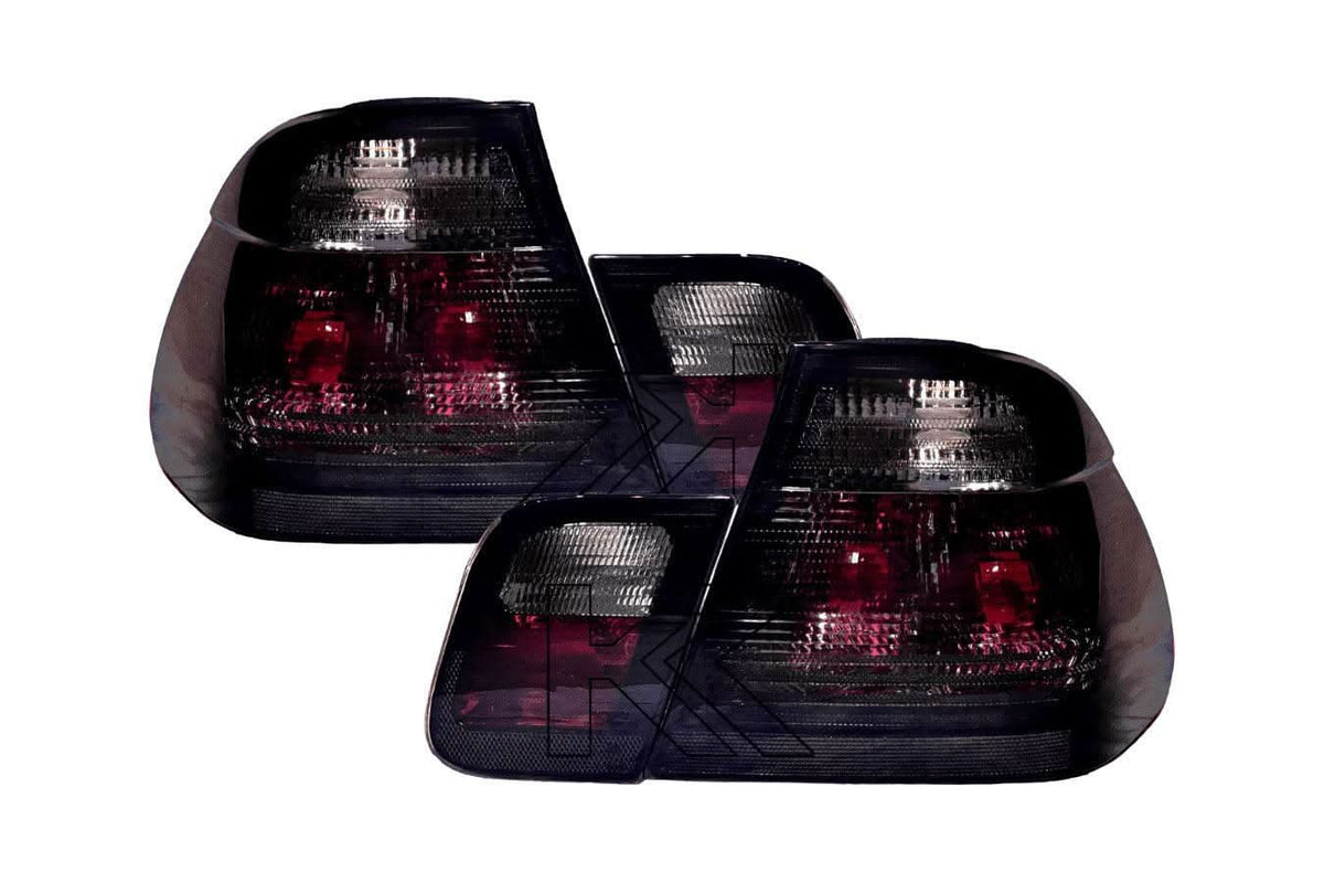 Black lens tail lights for BMW Series 3 E46 sedan, 1998-2001, by K2 Industries, showing the rear view with clear lens design.