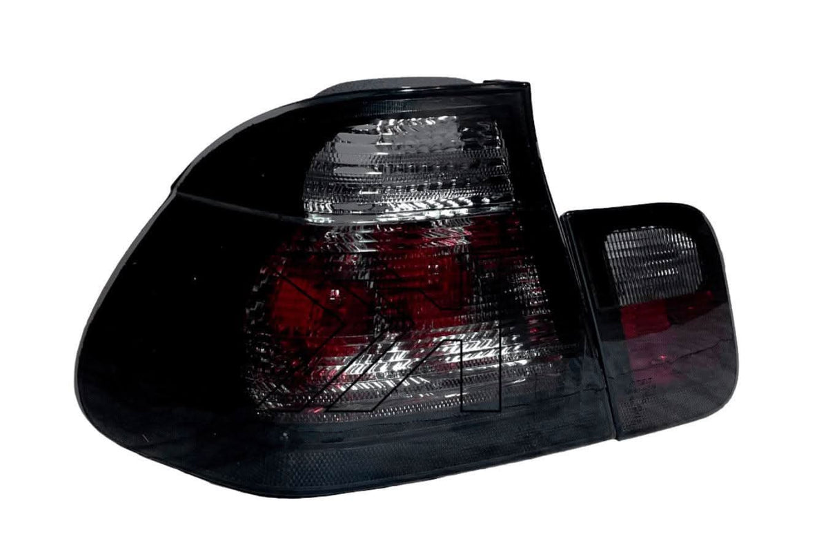 Black lens tail lights for BMW Series 3 E46 sedan from 1998-2001 by K2 Industries, showing the rear view with red and clear lenses.