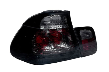 Black lens tail lights for BMW Series 3 E46 sedan from 1998-2001 by K2 Industries, showing the rear view with red and clear lenses.