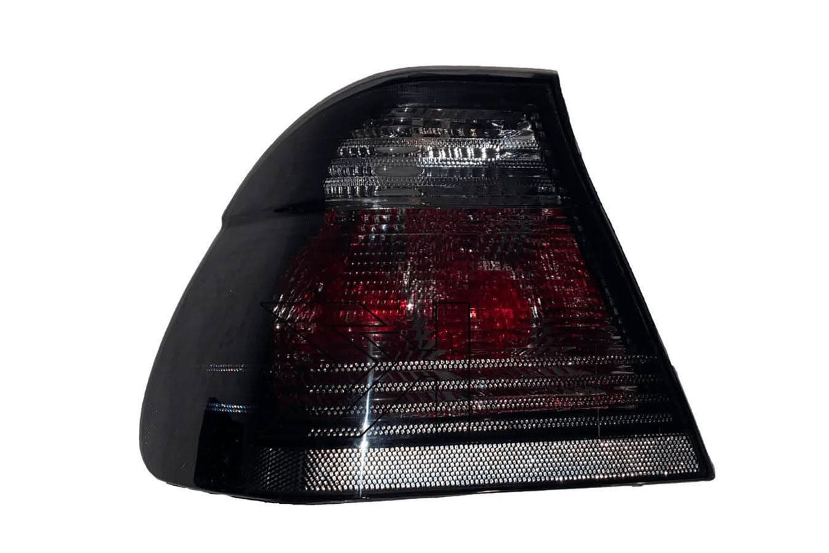 Black lens tail lights for BMW Series 3 E46 sedan, 1998-2001, by K2 Industries, showing the rear view with clear lens details.