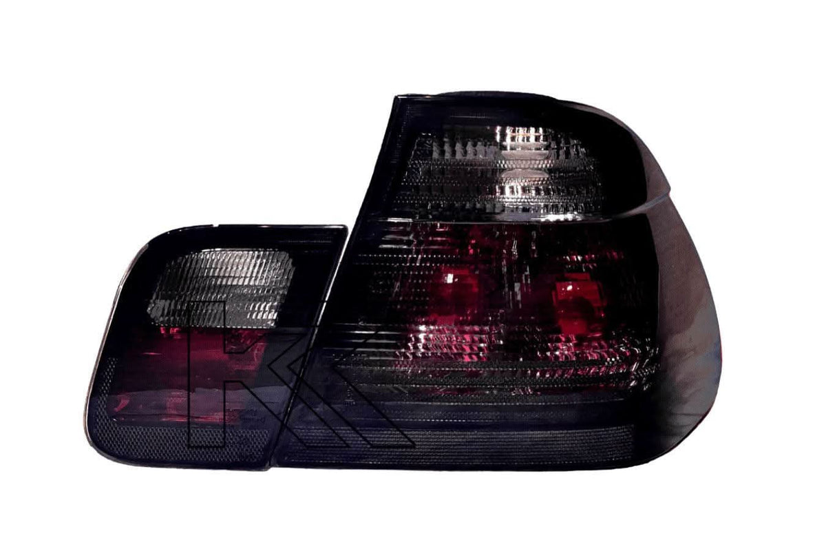 BMW Series 3 E46 sedan black lens tail lights by K2 Industries, rear view showing sleek design for 1998-2001 models.