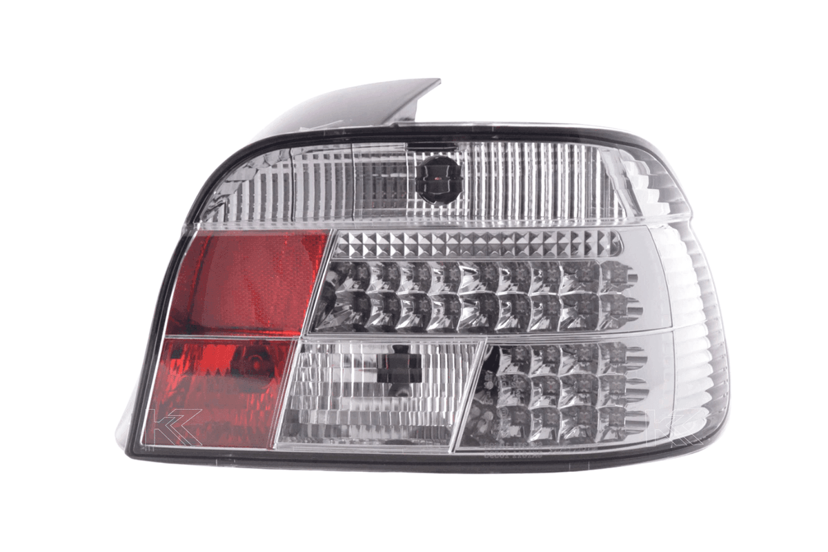 BMW Series 5 E39 clear LED tail lights by K2 Industries, rear view showing sleek design and bright LED lenses.