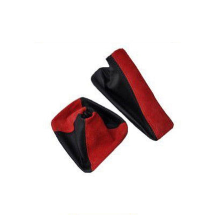 Black leather and torch red suede BMW E91 E92 E93 shift boot cover by JTS Custom Upholstery, showcasing premium material details.