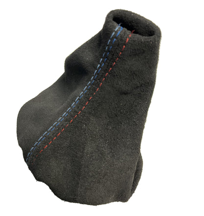 Genuine suede BMW E36 parking brake and shift boot cover with M stitch, designed for console and handbrake in 1991-2005 models.