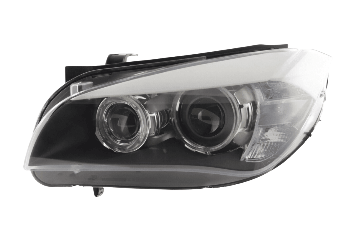 BMW X1 E84 LED Angel Eye Headlights by K2 Industries, for 2009-2012 models, showing the headlights with bright angel eye rings.