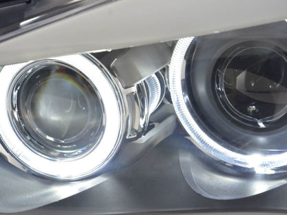 BMW X1 E84 LED Angel Eye headlights by K2 Industries, for 2009-2012 model, featuring bright illuminated angel eyes and clear lens.