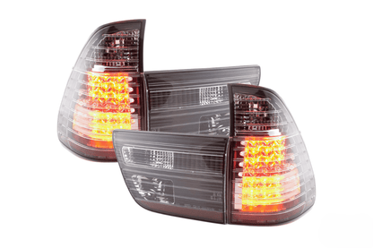 BMW X5 E53 black and clear LED tail lights by K2 Industries, rear view showing sleek design for 1998-2002 models.